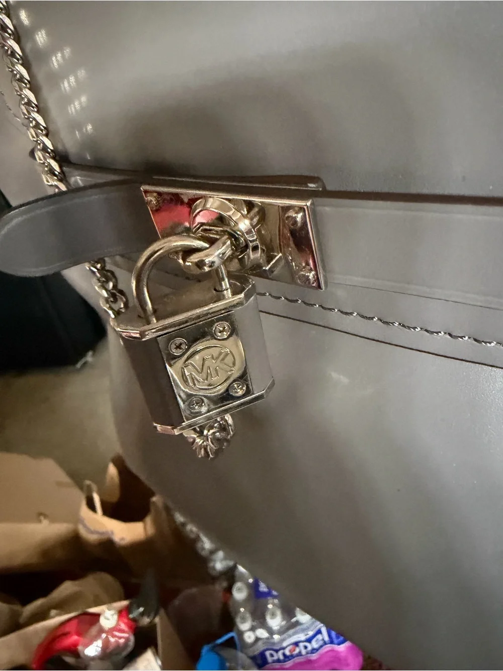 Auth Michael Kors Gray Top-Handle Satchel with Chain Lock Accent